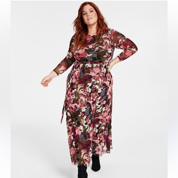Anne Klein Plus Size Printed Tie Waist Square Neck Midi Dress Size 3X - Picture 1 of 5
